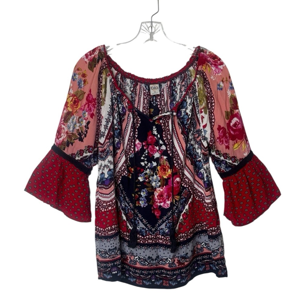 BILA Women's Floral Bell Sleeve Casual Resort Peasant Country Blouse M